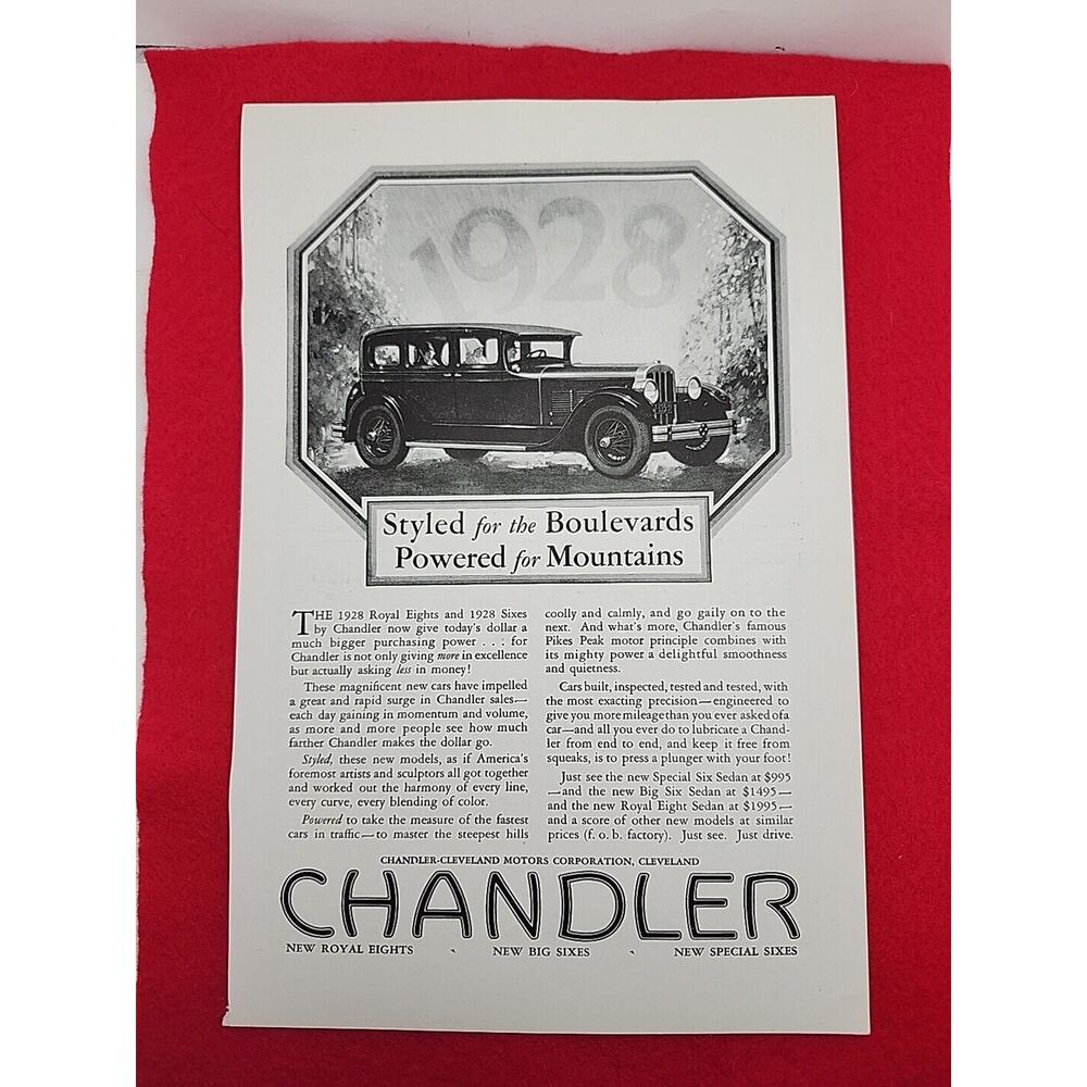 Vtg 1927 Chandler Motors: Styled Boulevards Powered Mountains Print Ad Ephemera